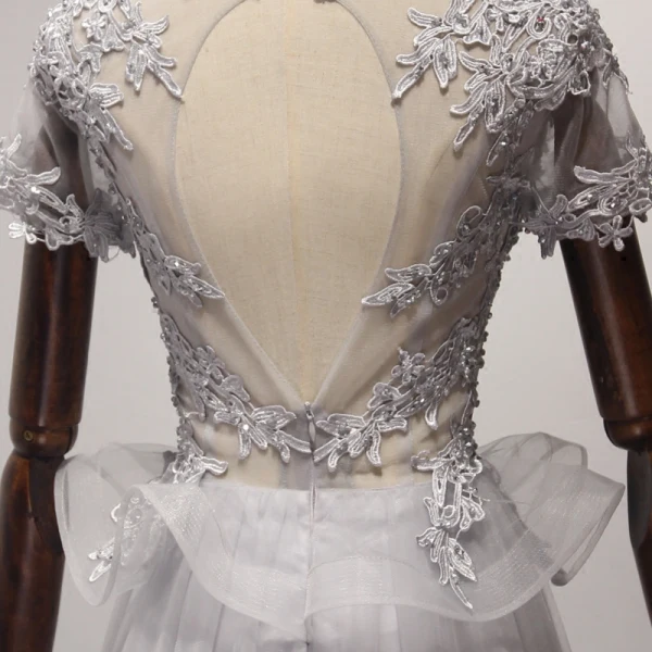 Snygga / Fina Silver Aftonklänningar 2017 Prinsessa Tyll U-Hals Appliqués Halterneck Beading Afton Formella Klänningar