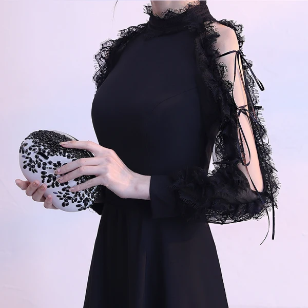 Modern / Fashion Black Floor-Length / Long Evening Dresses 2018 A-Line / Princess High Neck Lace-up Long Sleeve Strappy Charmeuse Formal Dresses
