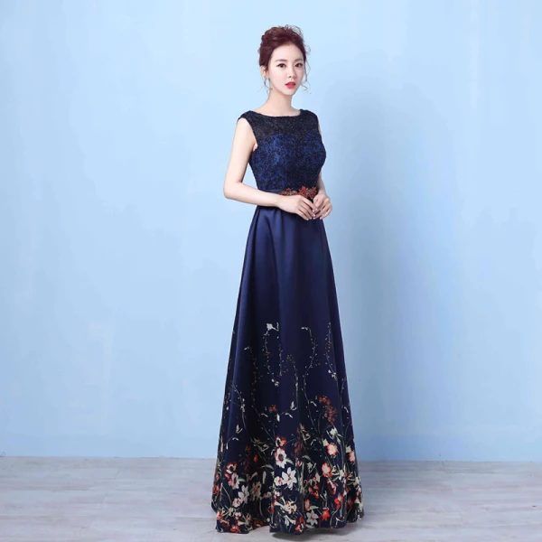 Flower Fairy Navy Blue Floor-Length / Long Evening Dresses 2018 A-Line / Princess U-Neck Appliques Backless Printing Beading Rhinestone Evening Party Formal Dresses
