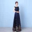Flower Fairy Navy Blue Floor-Length / Long Evening Dresses  2018 A-Line / Princess U-Neck Appliques Backless Printing Beading Rhinestone Evening Party Formal Dresses
