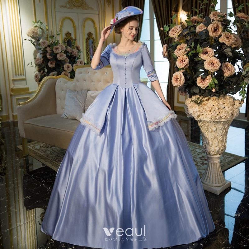 Vintage Retro Traditional Ocean Blue Floor Length Long Ball Gown Prom Dresses 2018 U Neck Charmeuse Lace up Backless Prom Formal Dresses