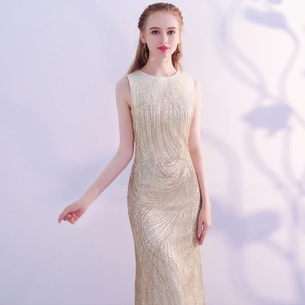 Sparkly Bling Bling Gold Tea-length Evening Dresses  2018 Trumpet / Mermaid U-Neck Tulle Beading Sequins Formal Dresses