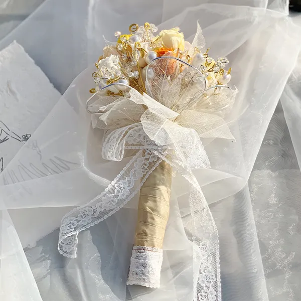 Modern Champagne Bruidsboeket 2020 Handgemaakt Kralen Kristal Bloem Parel Kanten Tule Metaal Bruids Huwelijk Gala Accessoires