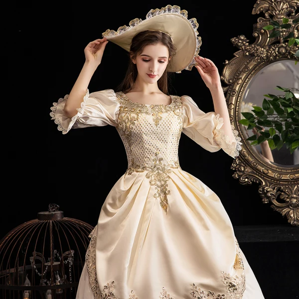 Vintage / Retro Medieval Champagne Prom Dresses 2021 Tulle Satin 3D Lace Beading Sequins Handmade Cosplay Prom Formal Dresses
