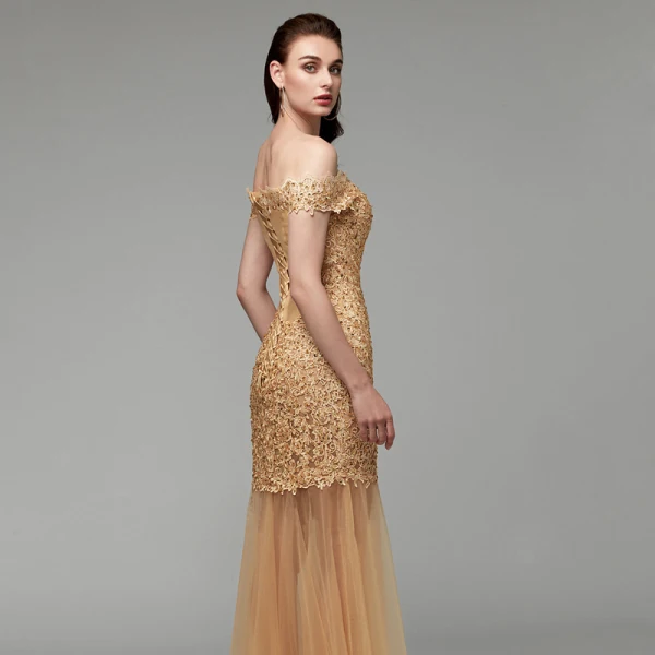 Modern / Fashion Gold Evening Dresses 2020 Trumpet / Mermaid Off-The-Shoulder Floor-Length / Long Embroidered Appliques Backless Beading Sequins Evening Party Formal Dresses