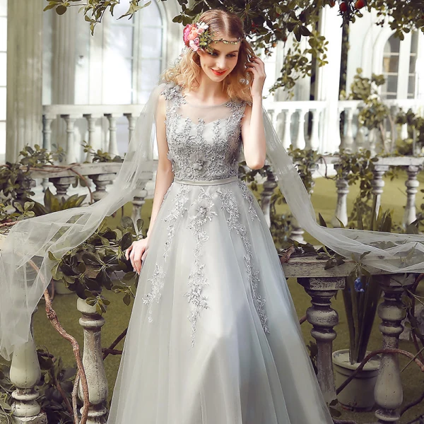 Chic / Beautiful Grey Evening Dresses 2017 Crossed Straps Appliques Backless Embroidered Pearl Pierced Strappy Chiffon Lace U-Neck Cocktail Party Sleeveless Evening Party
