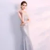 Sparkly Silver Evening Dresses  2017 Trumpet / Mermaid Lace U-Neck Appliques Backless Sequins Evening Party Formal Dresses