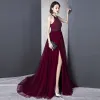 Chic / Beautiful Burgundy Evening Dresses  2018 A-Line / Princess High Neck Tulle Backless Beading Sequins Evening Party Formal Dresses