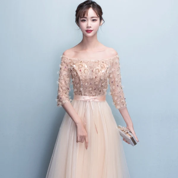 Chic / Beautiful Champagne Evening Dresses A-Line / Princess Tulle Strapless Appliques Backless Beading Crystal Evening Party Formal Dresses
