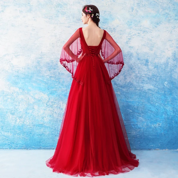 Chic / Beautiful Red Evening Dresses 2018 A-Line / Princess V-Neck Tulle Appliques Backless Beading Evening Party Formal Dresses