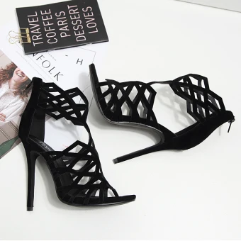 Modern Fashion Black 2018 High Heels 10 Cm X Strap Beach Casual Summer Suede Stiletto Heels Sandals Open Peep Toe Womens Shoes