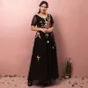 Fée Des Fleurs Noire Grande Taille Robe De Soirée 2018 Princesse V-Cou Tulle Dos Nu Appliques Brodé Soirée Robe De Bal