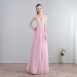 Modest Simple Candy Pink Floor Length Long Evening Dresses 2018 A Line Princess Chiffon V Neck Backless Printing Formal Dresses
