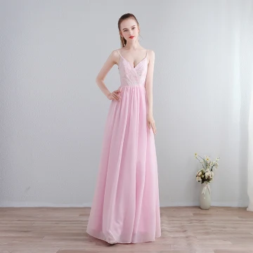 Enkel Sukkertøyrosa Lange Selskapskjoler 2018 Prinsesse Chiffon V Hals Ryggløse Printing Formelle Kjoler