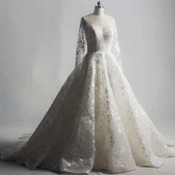 Luxe Champagne Chapel Train Huwelijk 2018 Lange Mouwen A lijn Tule U-hals Lace-up Appliques Ruglooze Geborduurde Trouwjurken
