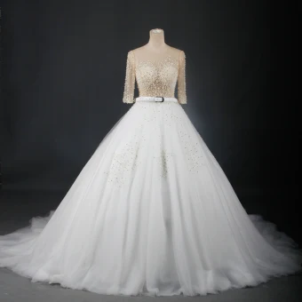 Luxus Herrlich Weiß Kapelle Schleppe Hochzeit 2018 Lange Ärmel Tülle U Ausschnitt Durchsichtige Perlenstickerei Durchbohrt Strass Ballkleid Brautkleider
