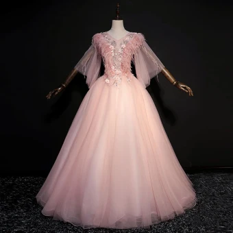 Unique Rougissant Rose Longue Robe De Bal 2018 V Cou Tulle Plumes Appliques Dos Nu Perlage Robe Boule Promo Robe De Ceremonie