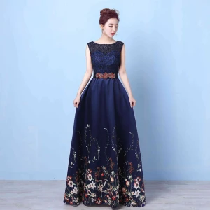 Fée Des Fleurs Bleu Marine Longue Robe De Soirée 2018 Princesse U Cou Appliques Dos Nu Impression Perlage Faux Diamant Soirée Robe De Ceremonie