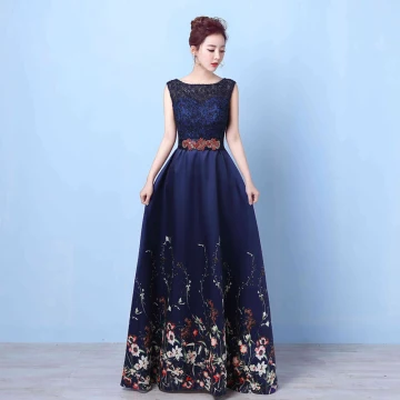 Fée Des Fleurs Bleu Marine Longue Robe De Soirée 2018 Princesse U Cou Appliques Dos Nu Impression Perlage Faux Diamant Soirée Robe De Ceremonie
