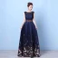 Flower Fairy Navy Blue Floor-Length / Long Evening Dresses  2018 A-Line / Princess U-Neck Appliques Backless Printing Beading Rhinestone Evening Party Formal Dresses
