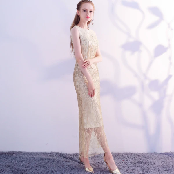 Sparkly Bling Bling Gold Tea-length Evening Dresses  2018 Trumpet / Mermaid U-Neck Tulle Beading Sequins Formal Dresses