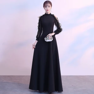 Moderne Mode Noire Longue Robe De Soirée 2018 Princesse Col Haut Lacer Manches Longues Lanières Charmeuse Robe De Ceremonie