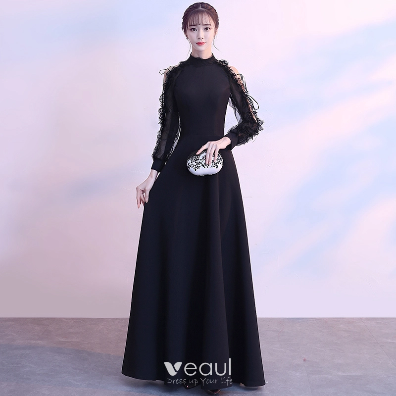 Modern / Fashion Black Floor-Length / Long Evening Dresses 2018 A-Line / Princess High Neck Lace-up Long Sleeve Strappy Charmeuse Formal Dresses