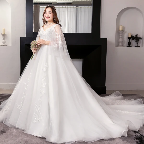 Unique Weiß Übergröße Ballkleid Brautkleider / Hochzeitskleider 2019 V-Ausschnitt Spitze Tülle Applikationen Rückenfreies Perlenstickerei Stickerei Kapelle-Schleppe Hochzeit