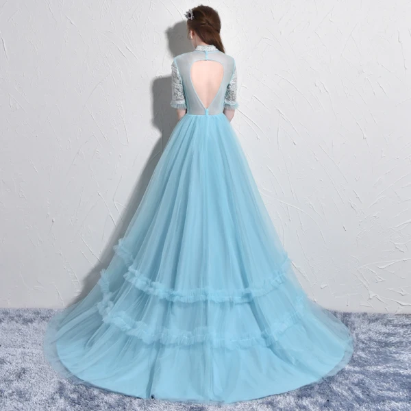 Chic / Belle Bleu Ciel Robe De Bal 2017 Princesse Col Haut Tulle Fait main Appliques Dos Nu Perlage Promo Robe De Ceremonie