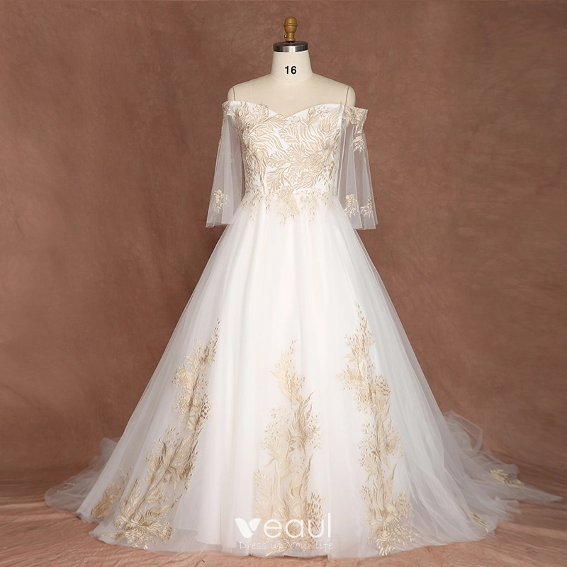 Chic / Beautiful Gold White Plus Size Wedding Dresses 2019 A-Line / Princess Lace Tulle Appliques Backless Embroidered Handmade Strapless Chapel Train