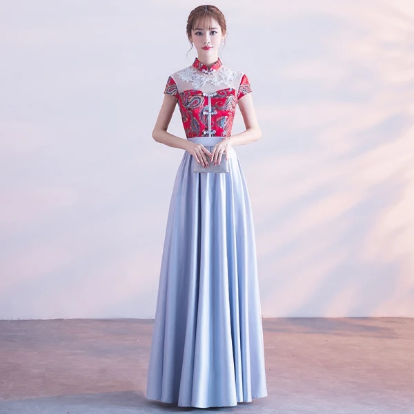 Chinesischer Stil Rot Himmelblau Abendkleider 2017 A Linie Stehkragen Charmeuse Schaltflächen Applikationen Stickerei Abend Festliche Kleider