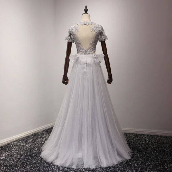 Snygga / Fina Silver Aftonklänningar 2017 Prinsessa Tyll U-Hals Appliqués Halterneck Beading Afton Formella Klänningar