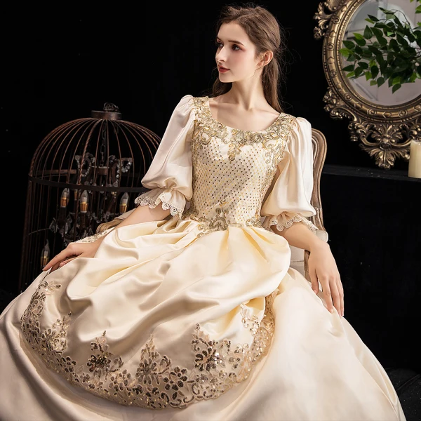 Vintage / Retro Medieval Champagne Prom Dresses 2021 Tulle Satin 3D Lace Beading Sequins Handmade Cosplay Prom Formal Dresses