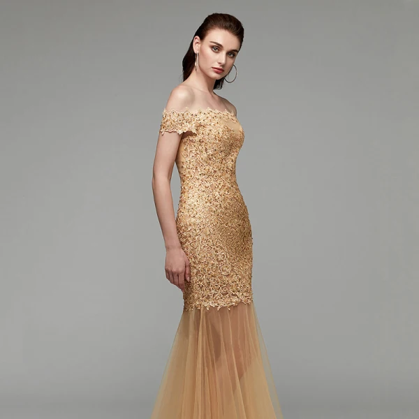 Modern / Fashion Gold Evening Dresses 2020 Trumpet / Mermaid Off-The-Shoulder Floor-Length / Long Embroidered Appliques Backless Beading Sequins Evening Party Formal Dresses
