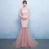 Amazing / Unique Blushing Pink Evening Dresses  2017 Trumpet / Mermaid U-Neck Lace Appliques Backless Embroidered Pierced Evening Party Formal Dresses