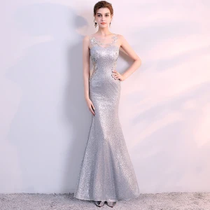 Scintillantes Argenté Robe De Soirée 2017 Trompette Sirène Dentelle U Cou Appliques Dos Nu Paillettes Soirée Robe De Ceremonie