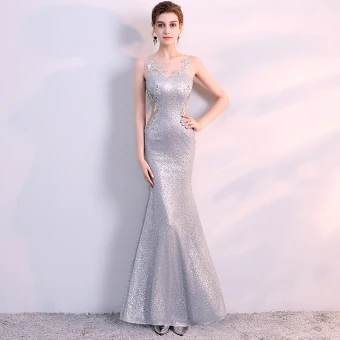 Sparkly Silver Evening Dresses 2017 Trumpet Mermaid Lace U Neck Appliques Backless Sequins Evening Party Formal Dresses