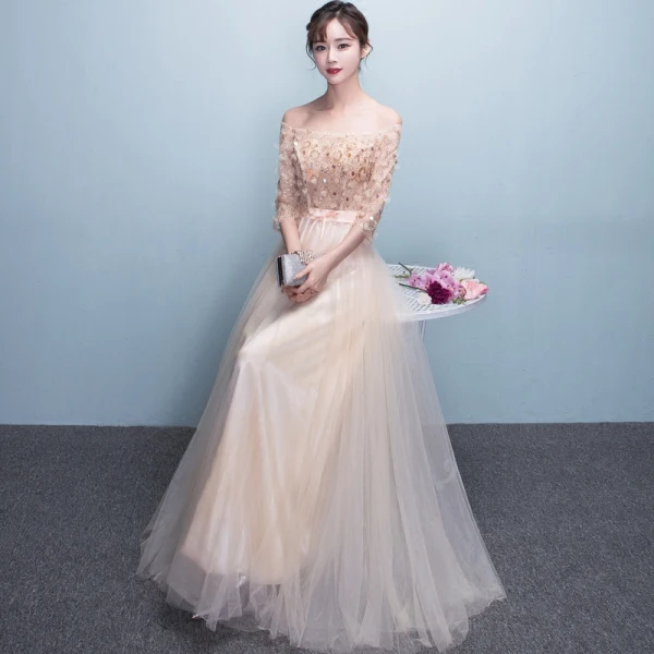 Chic / Beautiful Champagne Evening Dresses A-Line / Princess Tulle Strapless Appliques Backless Beading Crystal Evening Party Formal Dresses