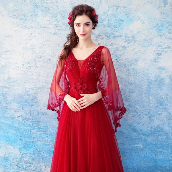 Chic / Beautiful Red Evening Dresses 2018 A-Line / Princess V-Neck Tulle Appliques Backless Beading Evening Party Formal Dresses