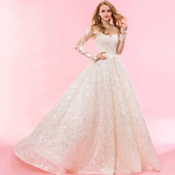 Luxe Champagne Chapel Train Huwelijk 2018 Lange Mouwen A lijn Tule U-hals Lace-up Appliques Ruglooze Geborduurde Trouwjurken