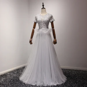 Chic Beautiful Silver Evening Dresses 2017 A Line Princess Tulle U Neck Appliques Backless Beading Evening Party Formal Dresses