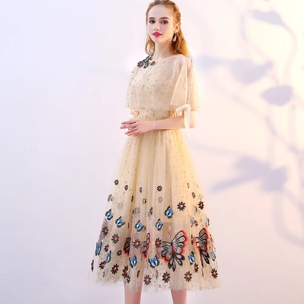 Lovely Champagne Tea-length Graduation Dresses 2018 A-Line / Princess U-Neck Tulle With Shawl Butterfly Beading Appliques Formal Dresses