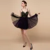 Sexy Modern / Fashion Black Short Cocktail Dresses 2018 A-Line / Princess Tulle Backless Beading Rhinestone Cocktail Party Formal Dresses
