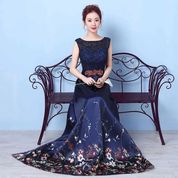 Flower Fairy Navy Blue Floor-Length / Long Evening Dresses 2018 A-Line / Princess U-Neck Appliques Backless Printing Beading Rhinestone Evening Party Formal Dresses
