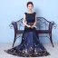 Flower Fairy Navy Blue Floor-Length / Long Evening Dresses  2018 A-Line / Princess U-Neck Appliques Backless Printing Beading Rhinestone Evening Party Formal Dresses