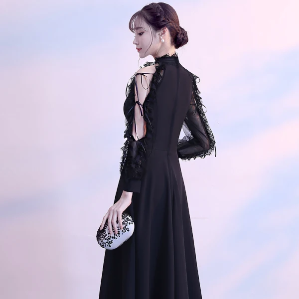 Modern / Fashion Black Floor-Length / Long Evening Dresses 2018 A-Line / Princess High Neck Lace-up Long Sleeve Strappy Charmeuse Formal Dresses