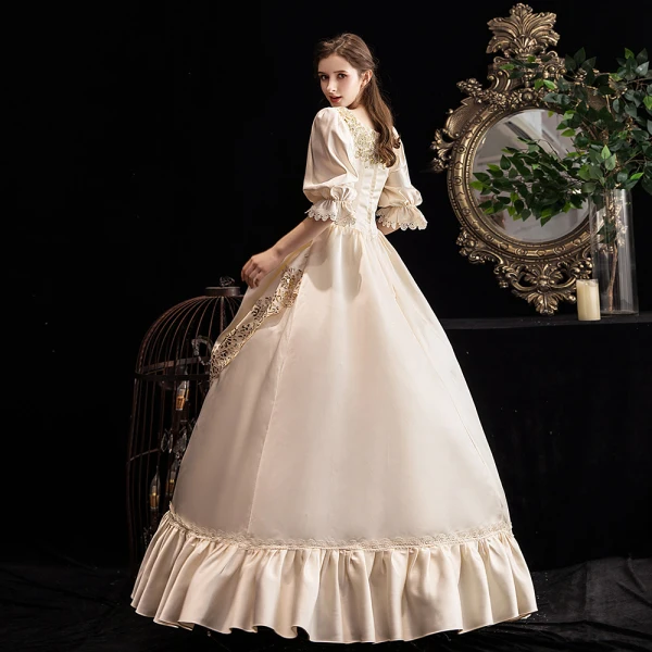 Vintage / Retro Medieval Champagne Prom Dresses 2021 Tulle Satin 3D Lace Beading Sequins Handmade Cosplay Prom Formal Dresses