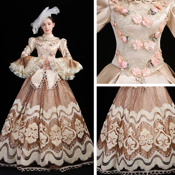 Vintage / Retro Medieval Champagne Ball Gown Prom Dresses 2021 Long Sleeve High Neck Floor-Length / Long 3D Lace Appliques Embroidered Flower Cosplay Prom Formal Dresses