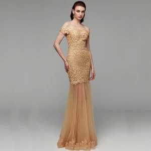Moderne Mode Doré Robe De Soirée 2020 Trompette Sirène De L 039 Épaule Longue Brodé Appliques Dos Nu Perlage Paillettes Soirée Robe De Ceremonie