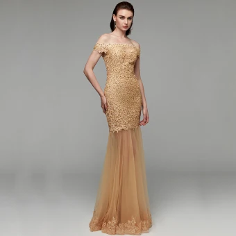 Moderne Mode Doré Robe De Soirée 2020 Trompette Sirène De L 039 Épaule Longue Brodé Appliques Dos Nu Perlage Paillettes Soirée Robe De Ceremonie